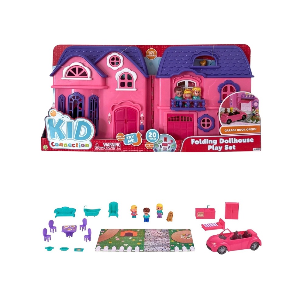 Kid Connection Folding Dollhouse Play Set 20 Pieces Light Sound Car Figures NEW